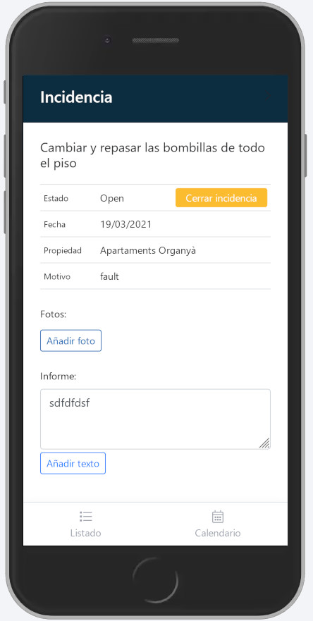Dispositivo móvel onde é apresentado o ficheiro do incidente, poderá ver os detalhes do problema a resolver na aplicação.