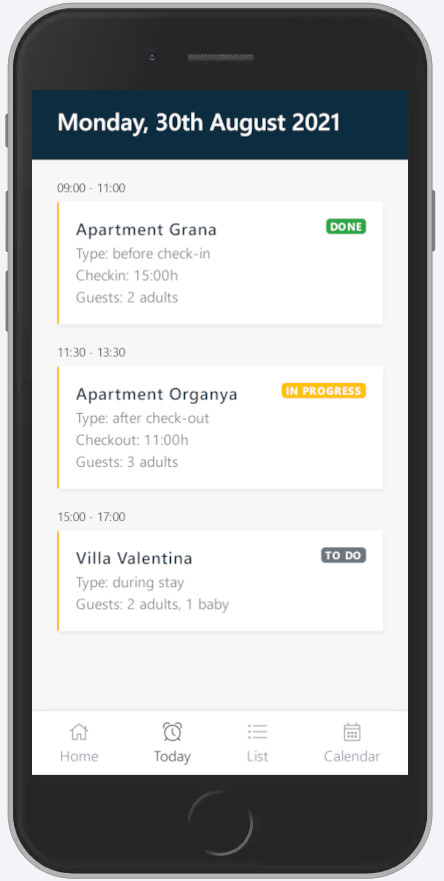 Dispositivo móvel que mostra o plano semanal de todas as limpezas atribuídas na aplicação Icnea.