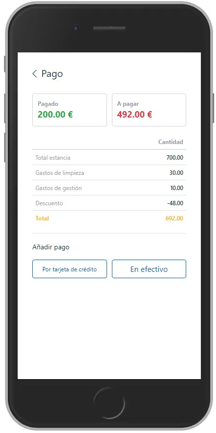 Dispositivo móvel que apresenta informações sobre o pagamento do alojamento